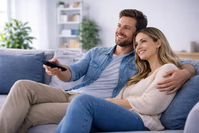 A family watching IPTVMEEZZY on the living-room television