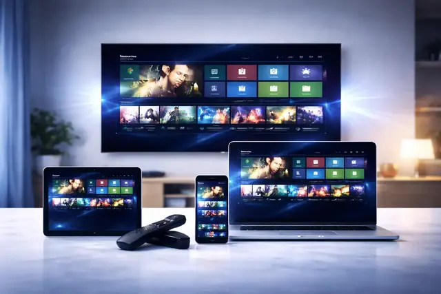 IPTVMEEZZY playing on a smart TV, tablet, laptop and phone at once
